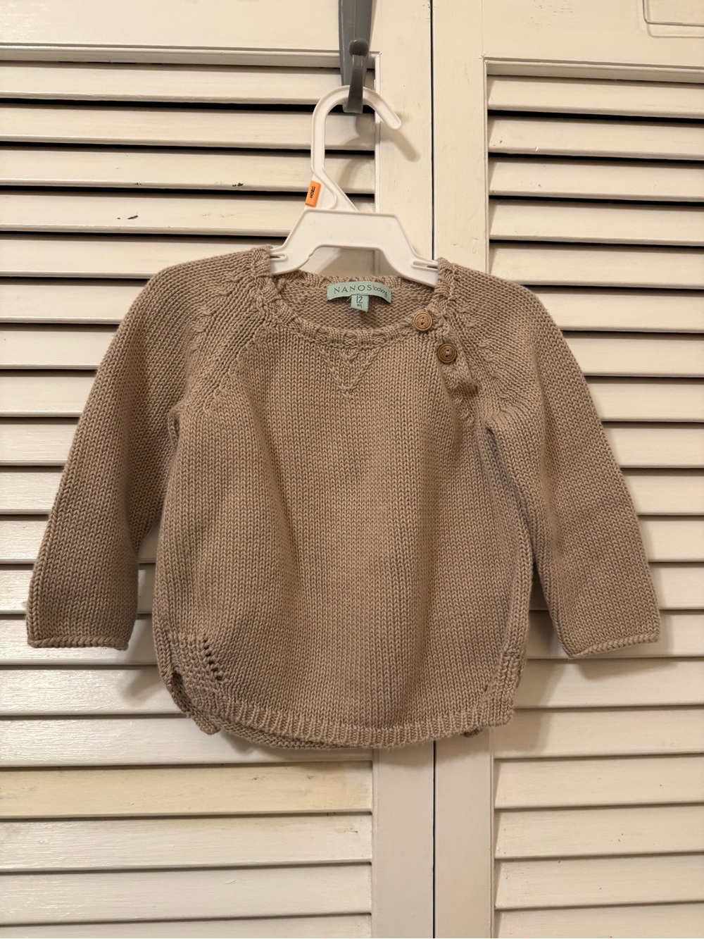 NANOS Baby Beige 12m Cotton Knit Pullover with Button Shoulder